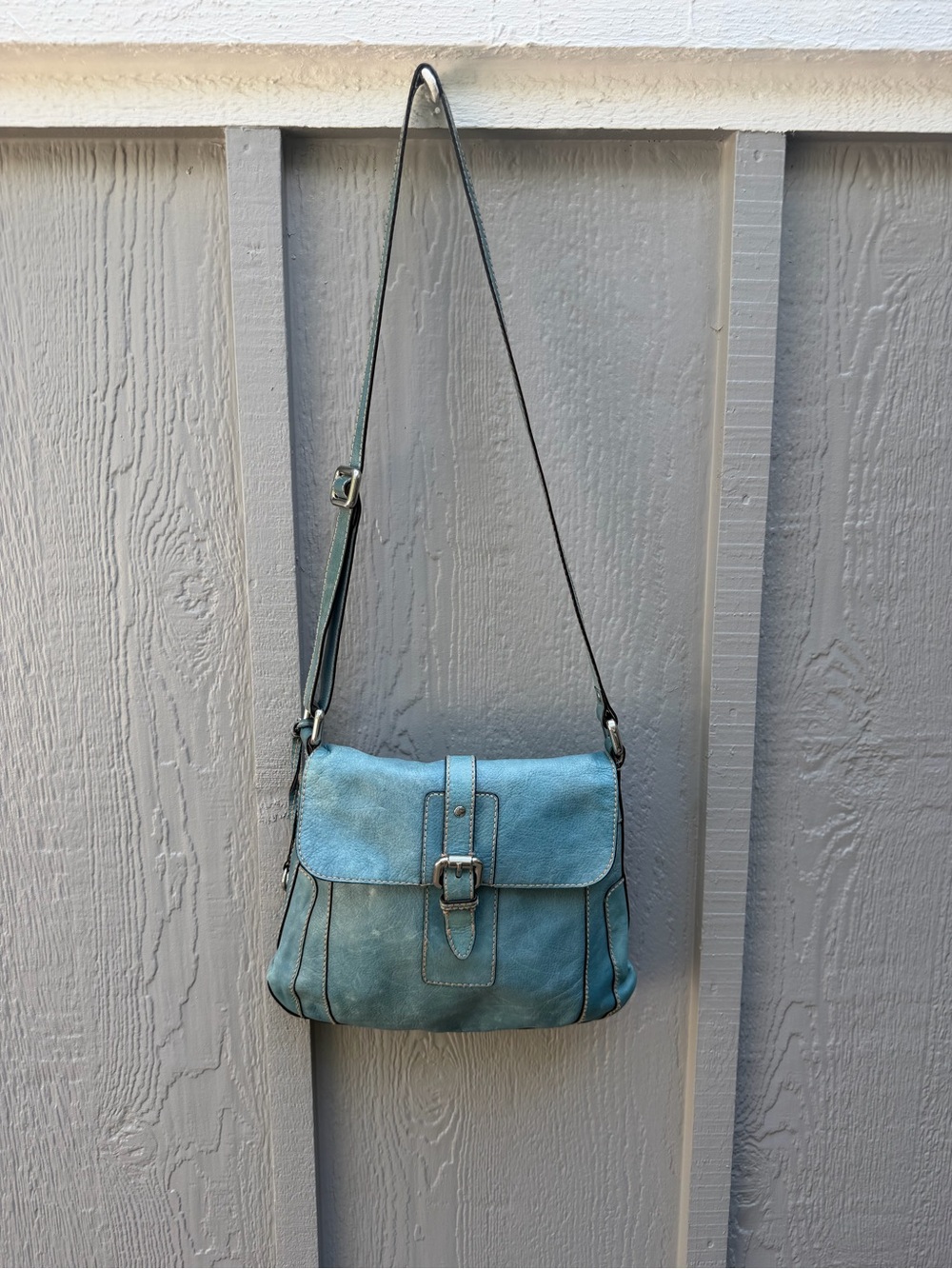 Fossil Teal Blue Distressed Pebbled Leather Organizer Crossbody Bag